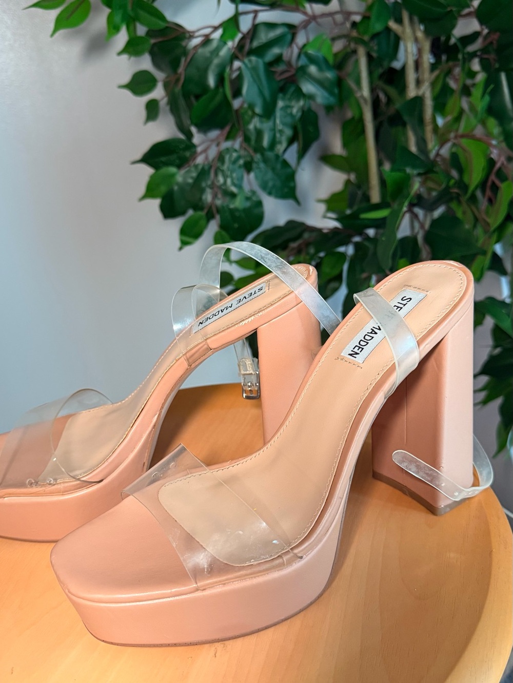 Steve Madden Peach-Pink Platform Block Heel Sandals with Clear Straps